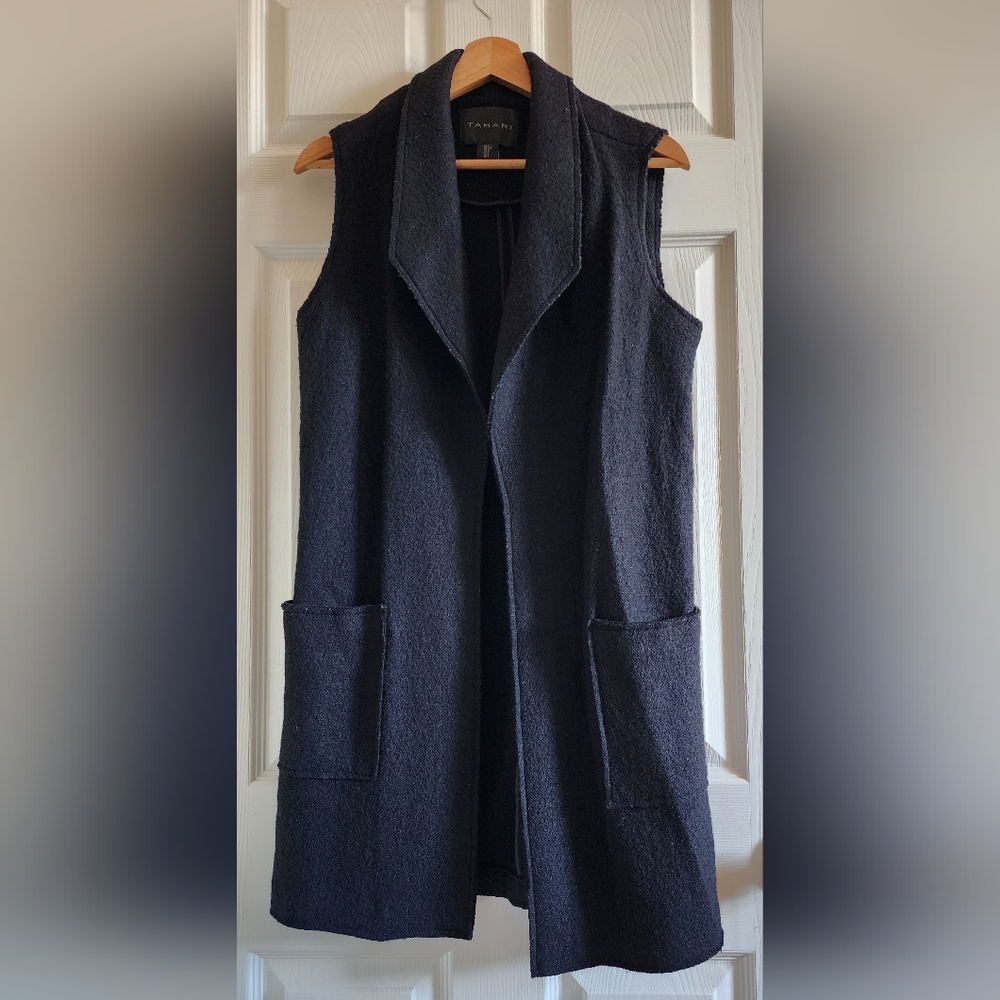 Tahari Charcoal Black Wool Blend Open Front Vest